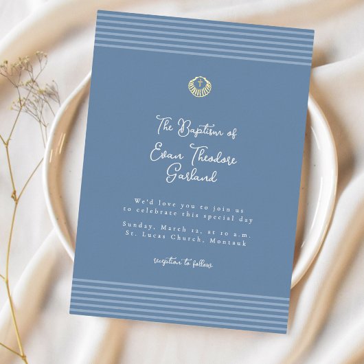 Minimal modern blue baptism Foil Invitation Folie Uitnodiging