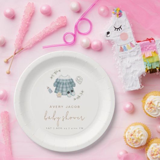 Minimal Modern Boho Kleding Pattern Baby shower Papieren Bordje (Feest)