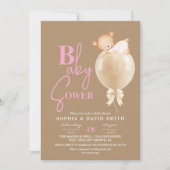 Minimal Modern Brown Pink Bear Balloon Baby Shower Kaart (Voorkant)