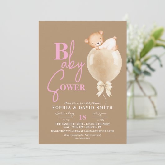 Minimal Modern Brown Pink Bear Balloon Baby Shower Kaart (Staand voorkant)