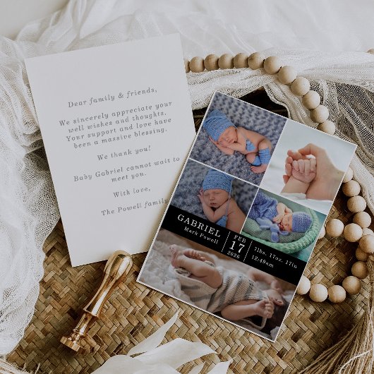 Minimal Modern Chic Photo Collage Baby Reveal Card Kaart