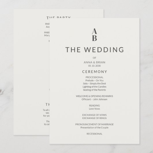 Minimal Modern Civil Wedding Program Programmakaart (Voorkant / Achterkant)