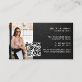 Minimal Modern Elegant Black Leather Photo QR Code Visitekaartje (Voorkant)