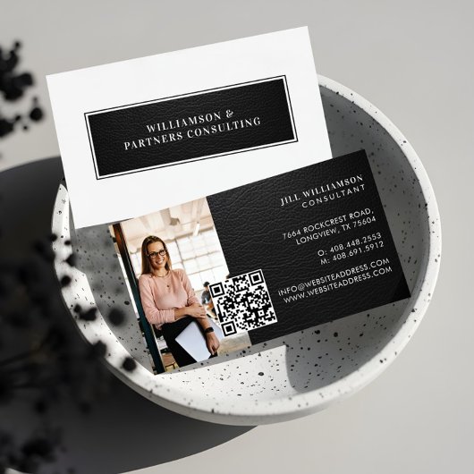 Minimal Modern Elegant Black Leather Photo QR Code Visitekaartje