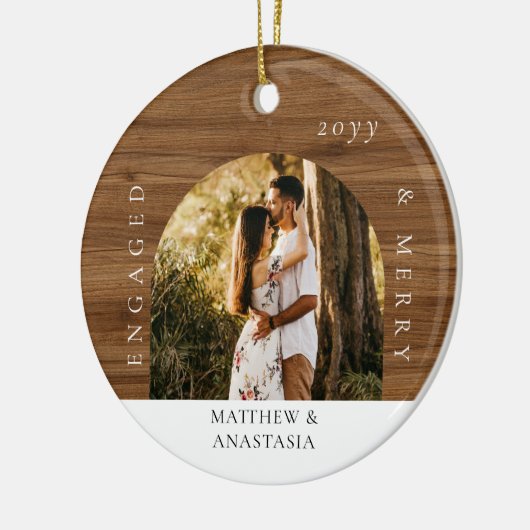 Minimal Modern Engaged & Merry 2 Photo Engagement Keramisch Ornament (Links)