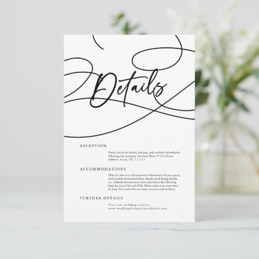 Minimal Modern Fancy Script "Details" Bruiloft Informatiekaartje (Staand voorkant)