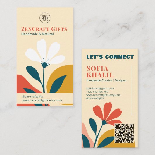 Minimal Modern Floral Terracotta Mosterdgroen Visitekaartje (Voorkant / Achterkant)
