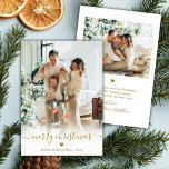 Minimal Modern Gold Script 2 Foto Vrolijk Kerstfee Feestdagenkaart<br><div class="desc">Minimalistisch Elegant Gold Script 2 Foto Vrolijk Kerstscript Vakantie Kaart. Deze feestelijke, moderne eenvoudige, twee (2) foto vakantie wenskaart sjabloon met "Merry Christmas" tekst in een grillige hand geletterd grillige swirly swash-tail lettertype kalligrafie script gouden kleur foto overlay. Aan de achterzijde met uw wensbericht sjabloon met een kleine hart doodle...</div>