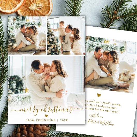 Minimal Modern Gold Script 4 Photo Merry Christmas Feestdagenkaart