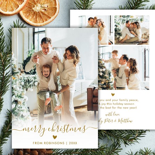 Minimal Modern Gold Script 4 Photo Merry Christmas Feestdagenkaart