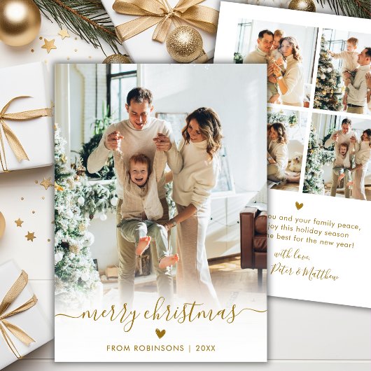 Minimal Modern Gold Script 5 Photo Merry Christmas Feestdagenkaart