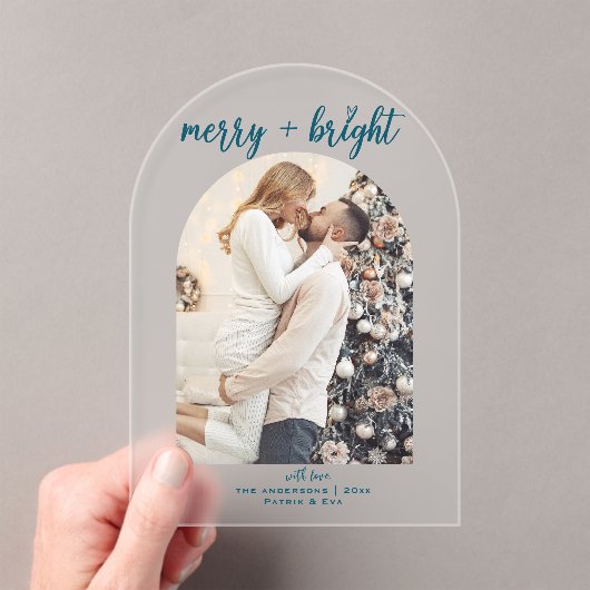 Minimal Modern Merry Bright Arch Kerstfoto Acryl Uitnodigingen (Insitu (Draagbaar))