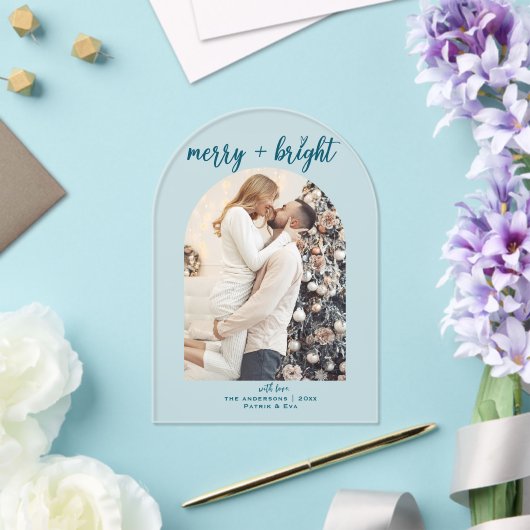 Minimal Modern Merry Bright Arch Kerstfoto Acryl Uitnodigingen (Insitu (Huwelijk))