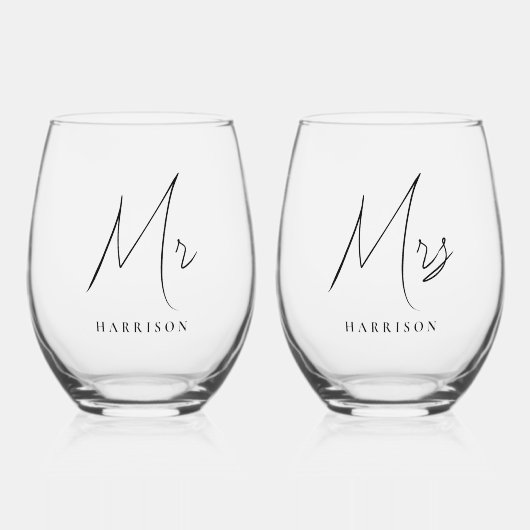 Minimal Modern Mr. Mrs Script Passen getrouwd Wijnglas Zonder Voet (Voorkant)
