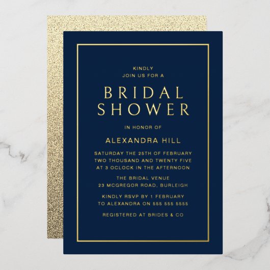 Minimal Modern Navy & Gold Vrijgezellenfeest Golde Folie Uitnodiging (Voorkant / Achterkant)