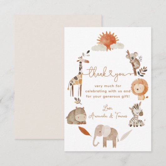 Minimal Modern Neutral Safari Animal Baby shower Bedankkaart (Voorkant / Achterkant)