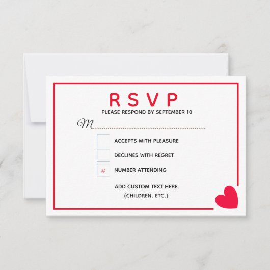 Minimal Modern Red Heart Valentijn Bruiloft RSVP Kaartje (Voorkant)