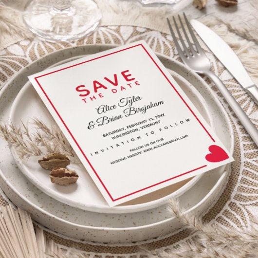 Minimal Modern Red Heart Valentijn Bruiloft Save The Date