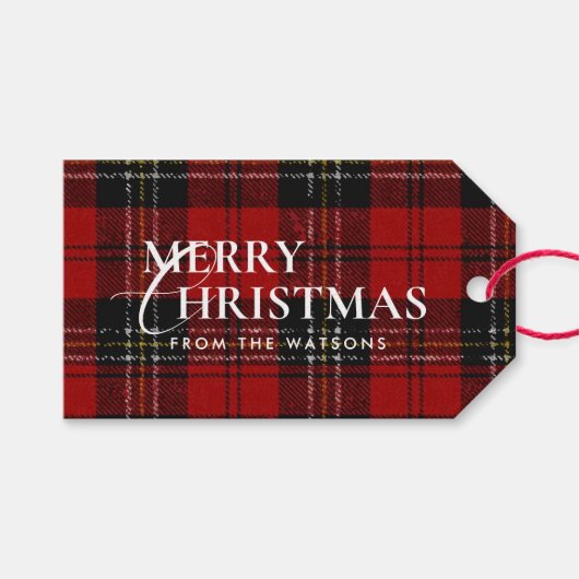 Minimal Modern Red Plaid Script Christmas Cadeaulabel (Voorkant (Horizontaal))