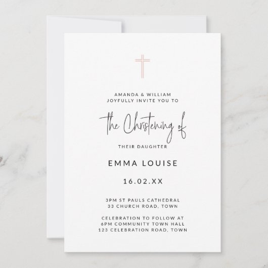 Minimal Modern Roze Waterverf Script Doop Kaart (Voorkant)