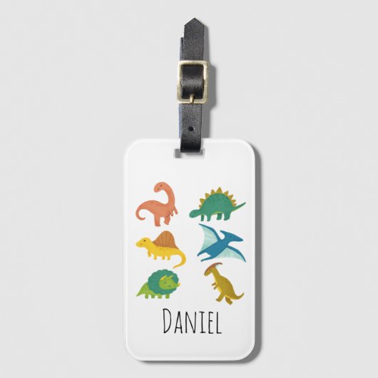 Minimal Modern Schattigee Cartoon Dinosaurus Naam Bagagelabel (Voorkant (verticaal))