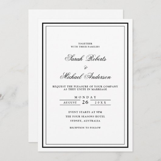 Minimal Modern Stijlvol Zwart Script Lijst Wedding Kaart (Voorkant / Achterkant)