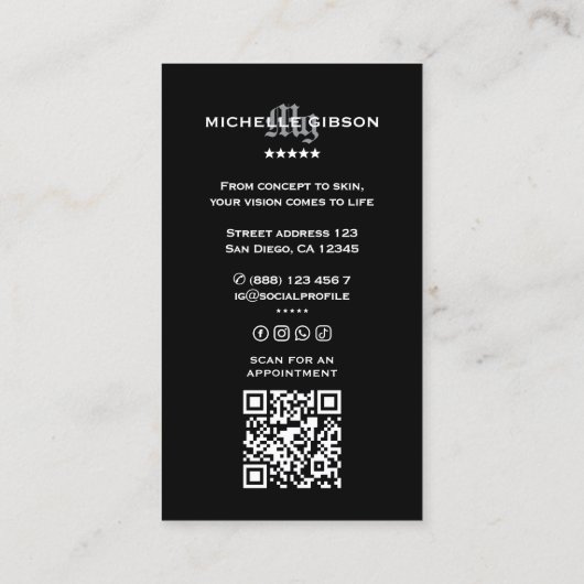 Minimal Modern Tattoo Artist Tattooist Black Grid Visitekaartje (Achterkant)