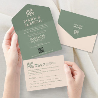 Minimal Modern Vietnamese/English Wedding GREEN    All In One Uitnodiging