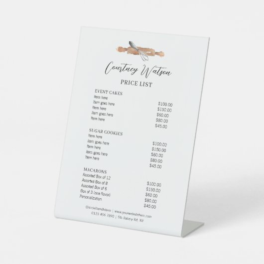 Minimal Modern Waterverf Cake Bakkerij prijslijst Reclamebord Met Voetstuk (Voorkant)