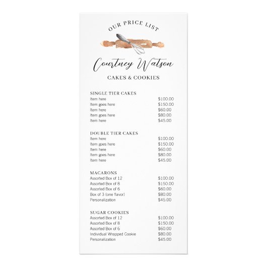 Minimal Modern Waterverf Cake Bakkerij prijslijst Reclamekaart (Voorkant)