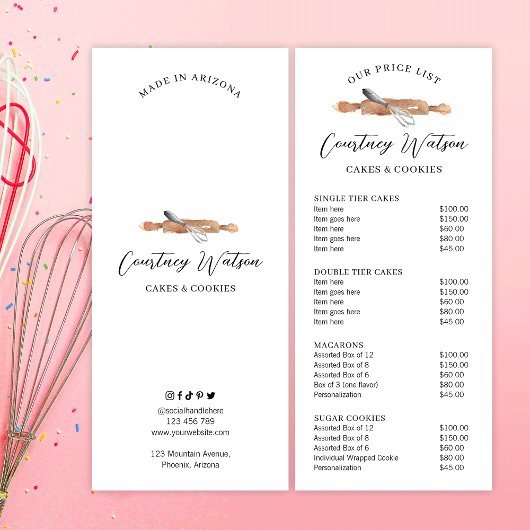 Minimal Modern Waterverf Cake Bakkerij prijslijst Reclamekaart