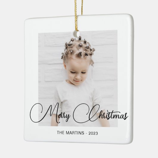 Minimal Modern Zwart Wit Kerstmis Foto Keramisch Ornament (Links)