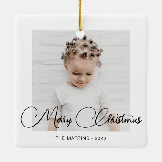 Minimal Modern Zwart Wit Kerstmis Foto Keramisch Ornament (Achterkant)