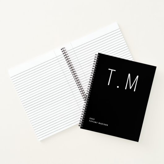 Minimal Monogram Black and White Custom Name Year Notitieboek (Binnen)
