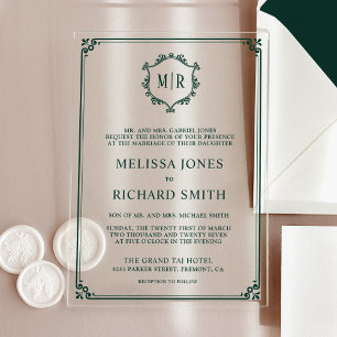 Minimal Monogram Crest Lijst Emerald Green Wedding Acryl Uitnodigingen