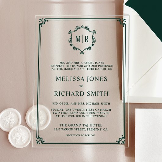 Minimal Monogram Crest Lijst Emerald Green Wedding Acryl Uitnodigingen