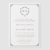 Minimal Monogram Crest Lijst Emerald Green Wedding Vellum Uitnodigingen (Voorkant)