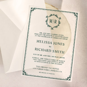 Minimal Monogram Crest Lijst Emerald Green Wedding Vellum Uitnodigingen