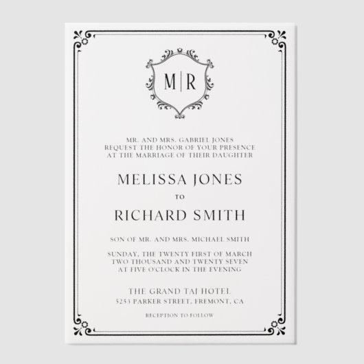 Minimal Monogram Crest Lijst Zwart Trouwen Vellum Uitnodigingen (Voorkant)