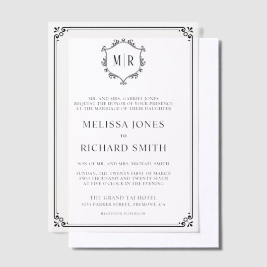 Minimal Monogram Crest Lijst Zwart Trouwen Vellum Uitnodigingen (Offset)