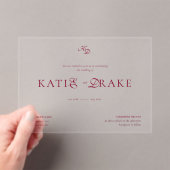Minimal Monogram Deep Burgundy Script Wedding Acryl Uitnodigingen (Insitu (Draagbaar))