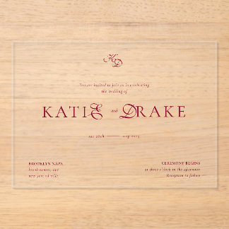 Minimal Monogram Deep Burgundy Script Wedding Acryl Uitnodigingen