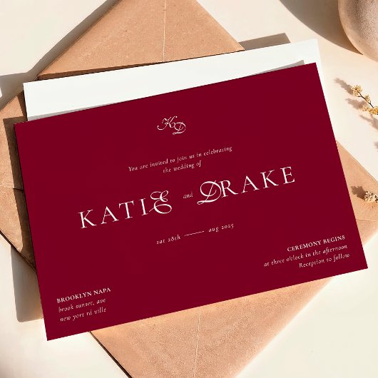 Minimal Monogram Deep Burgundy Script Wedding Kaart