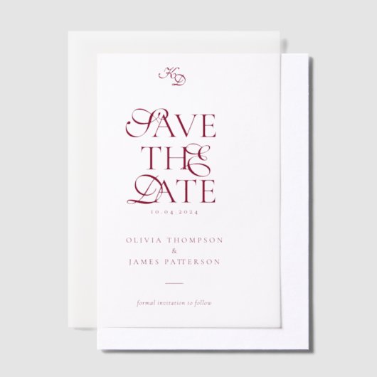 Minimal Monogram Deep Burgundy Script Wedding Vellum Uitnodigingen (Offset)