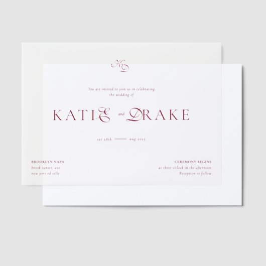 Minimal Monogram Deep Burgundy Script Wedding Vellum Uitnodigingen (Offset)