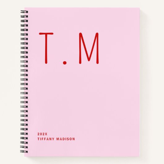 Minimal Monogram Pink and Red Custom Name Year Notitieboek (Voorkant)