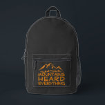 Minimal Mountain Hiking Daypack Bedrukte Rugzak<br><div class="desc">Hey there! Looking for a backpack that's as awesome as you are? Check out this super cool black hiking backpack! It's got these rad orange side panels that really make it stand out, plus a fun, minimalist mountain design on the front pocket that says "Mountains Heard Everything" – how fun...</div>