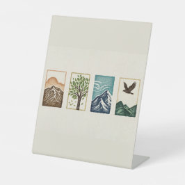 Minimal Nature Set – Mountain & Tree Art Reclamebord Met Voetstuk