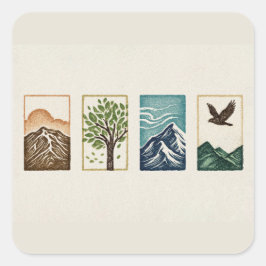 Minimal Nature Set – Mountain & Tree Art Vierkante Sticker