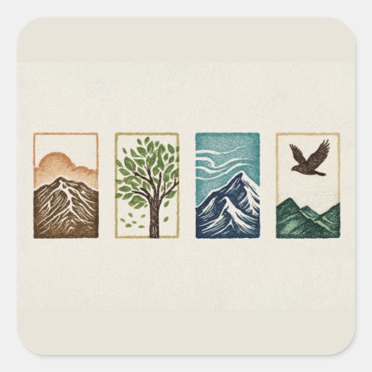 Minimal Nature Set – Mountain & Tree Art Vierkante Sticker (Voorkant)